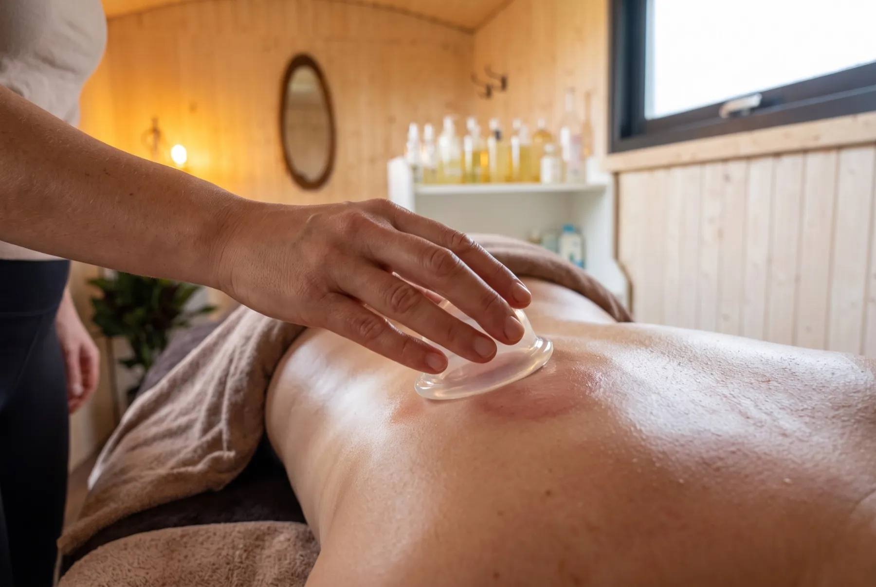 Cuppingmassage met een siliconen cup op de rug