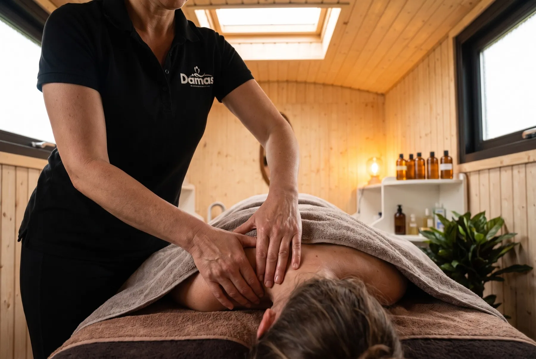 Esther geeft een nek-, schouder- en rugmassage in de praktijk in Vlist